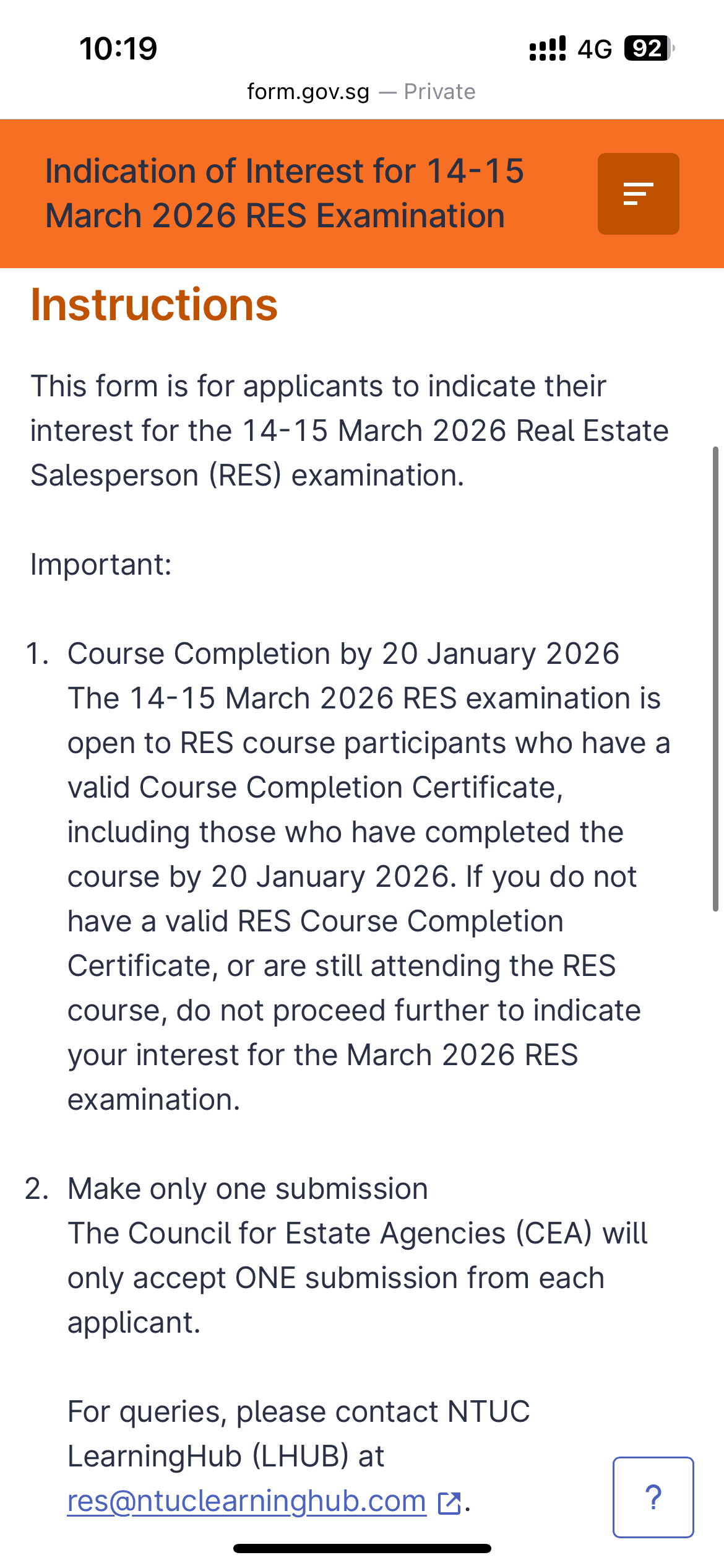 FormSG instructions screen for the RES exam Stage 1 expression of interest