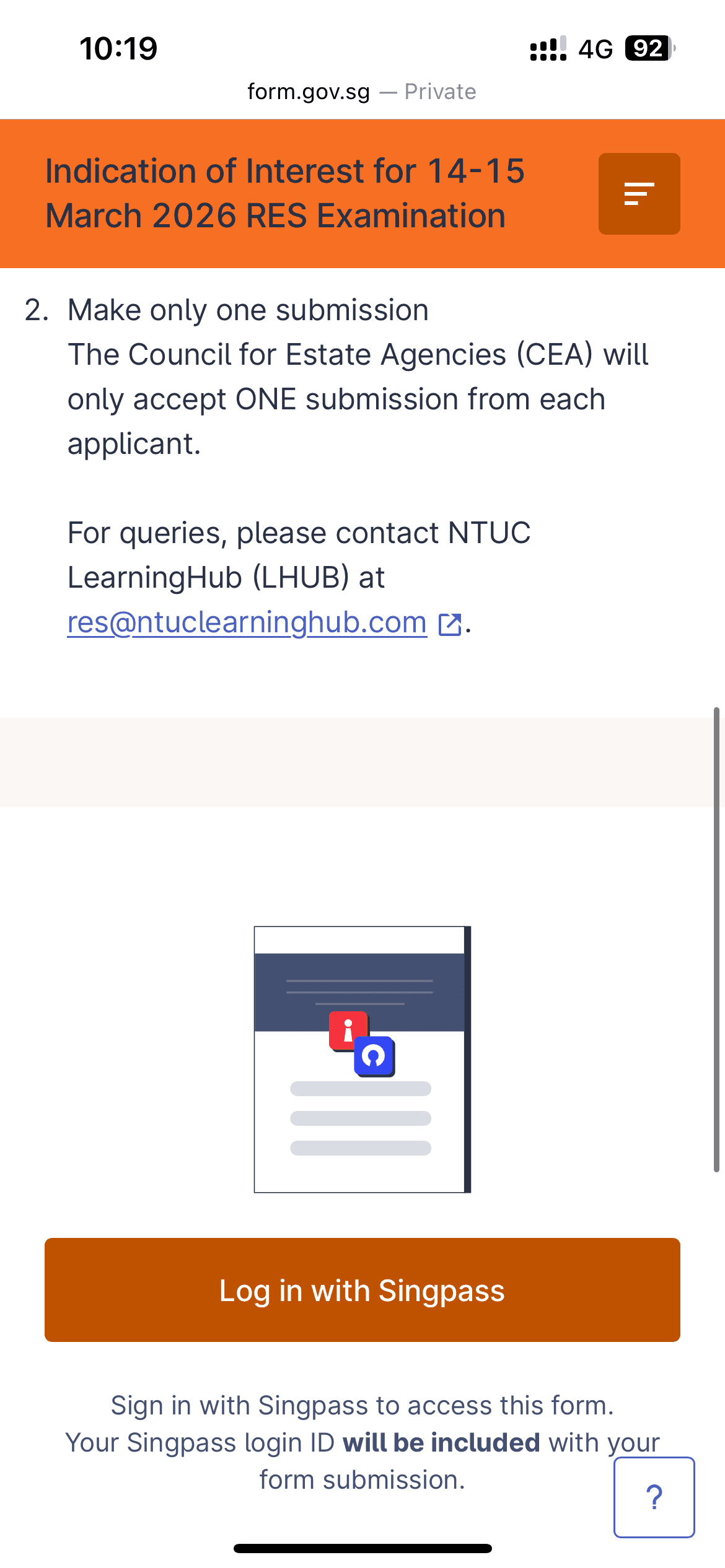 Singpass login screen on FormSG for RES exam registration