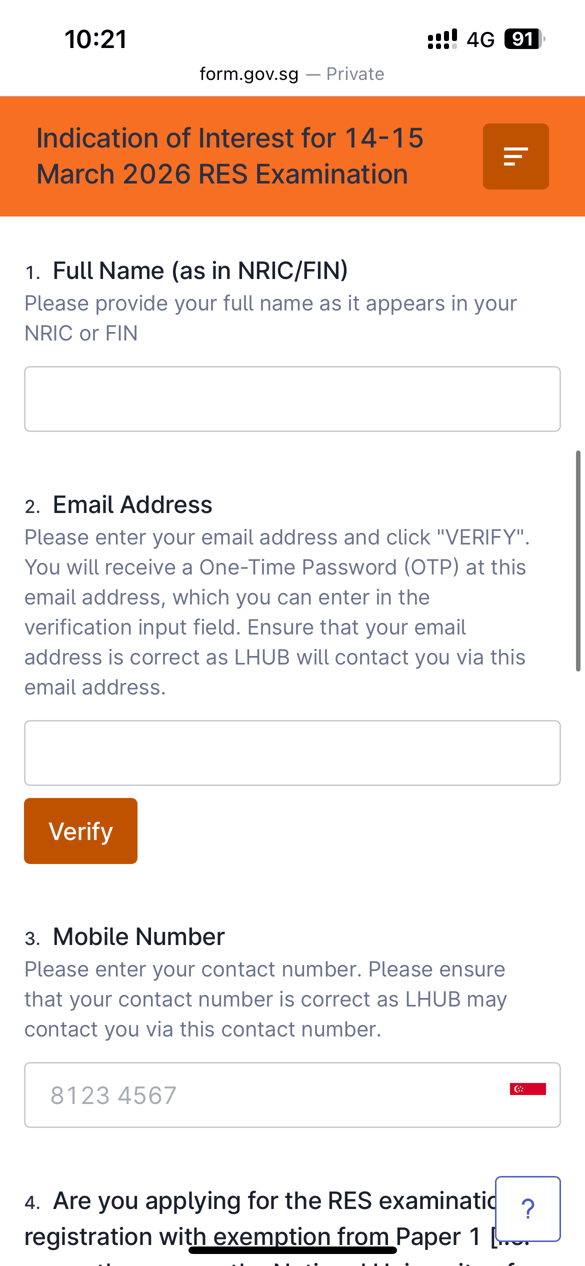 FormSG form fields for entering personal details (name, NRIC, contact) for RES exam registration
