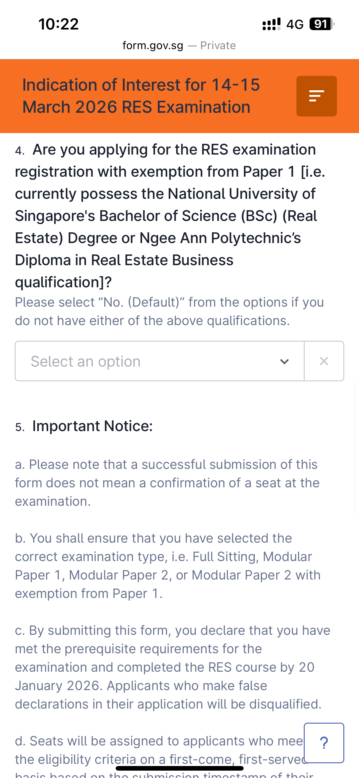 FormSG question asking whether the candidate is exempted from Paper 1 of the RES exam