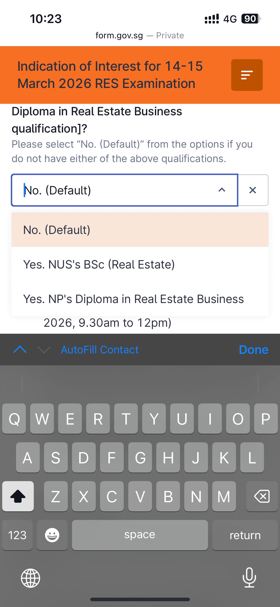 FormSG exemption type options for RES exam modular sitting