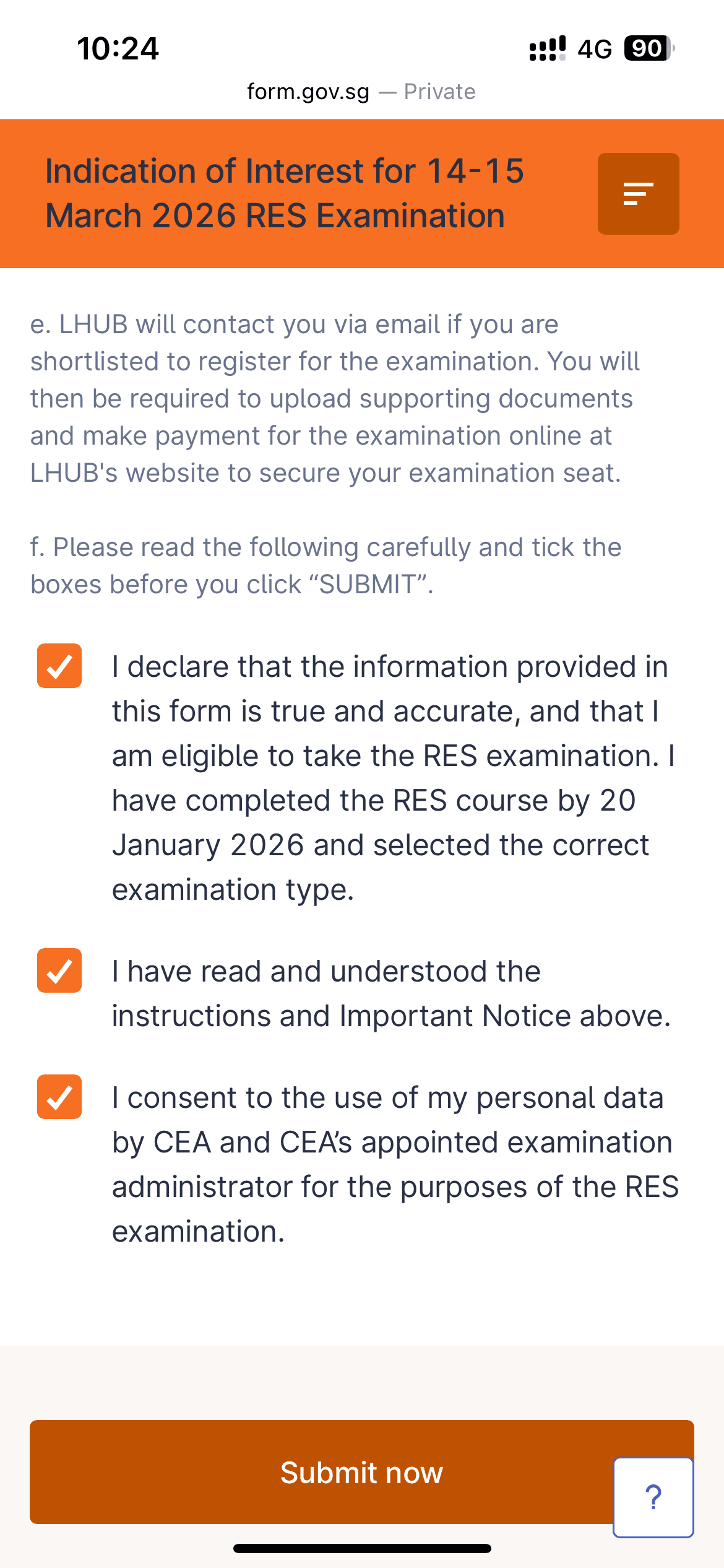 FormSG declaration checkboxes before submitting the RES exam expression of interest
